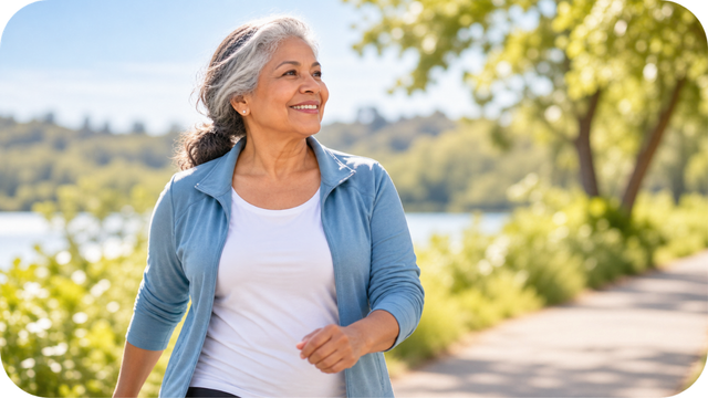 Older woman staying active outdoors as part of pain management for older adults