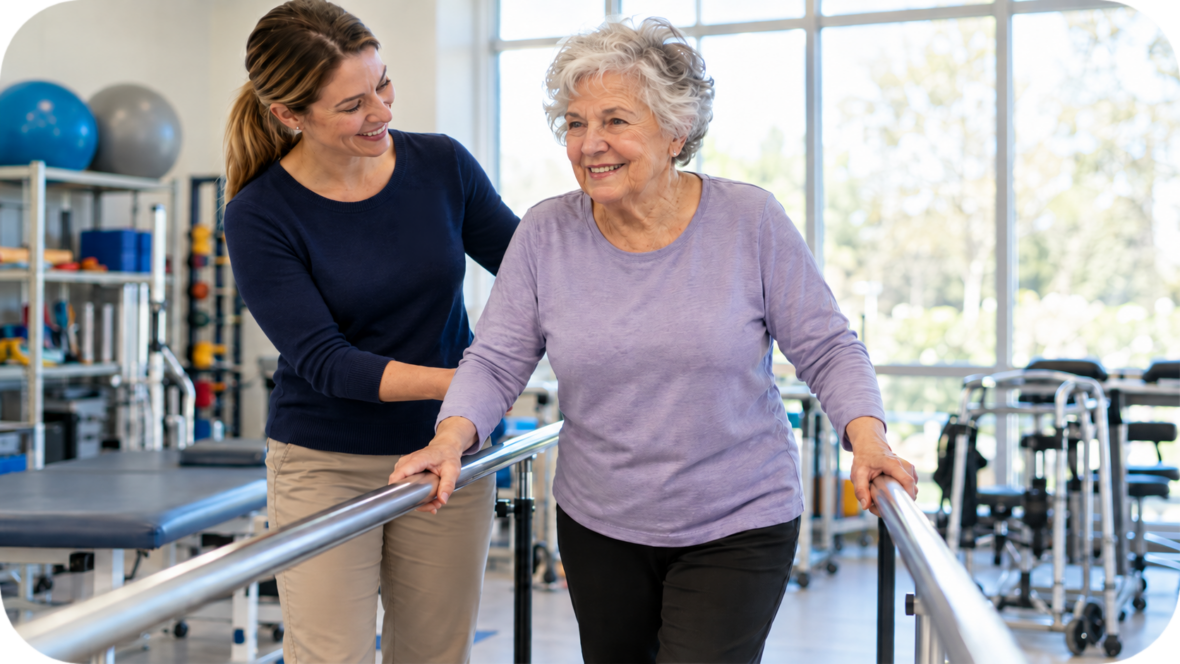 Physical therapist helping an older adult improve balance and mobility during a rehabilitation session.