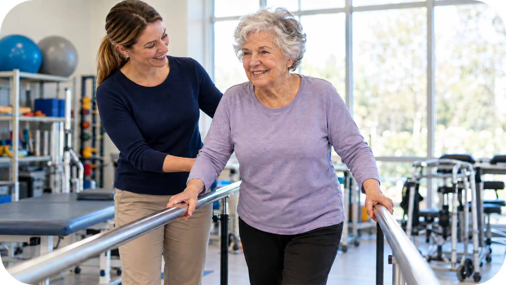 Physical therapist helping an older adult improve balance and mobility during a rehabilitation session.